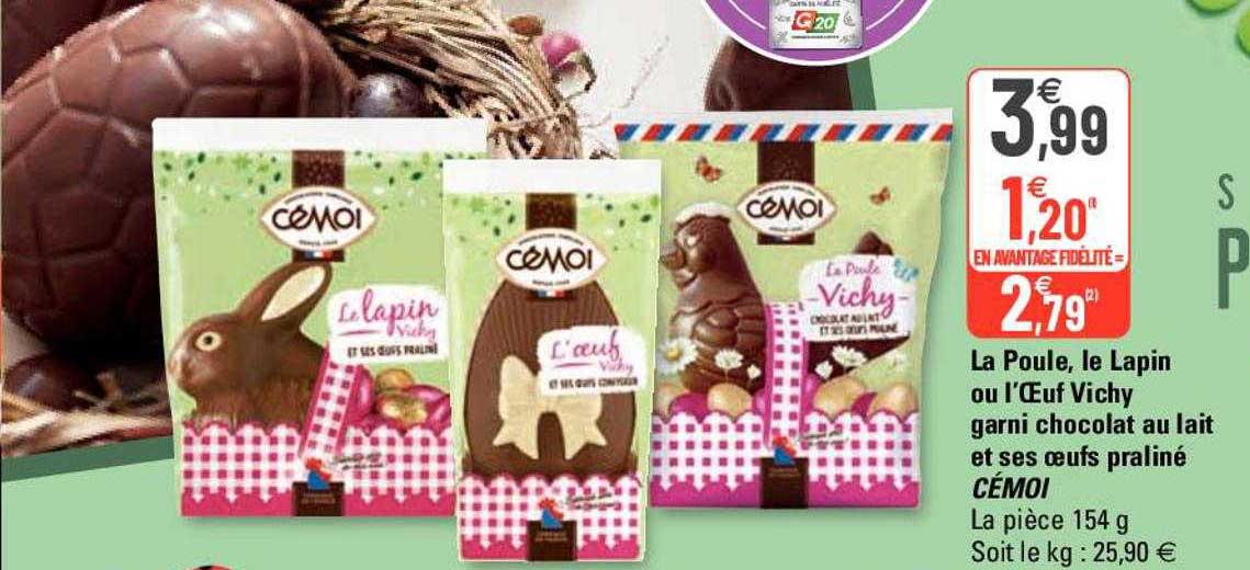 la poule, le lapin ou l'œuf vichy garni chocolat au lait et ses oeufs praliné cémoi