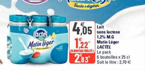 lait sans lactose 1,2% m.g. matin léger lactel