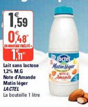 lait sans lactose 1,2% m.g. note d'amande matin léger lactel