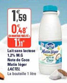 lait sans lactose 1,2% m.g. note de coco matin léger lactel