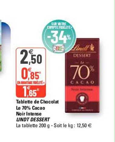 Tablette De Chocolat Le 70% Cacao Noir Intense Lindt Dessert