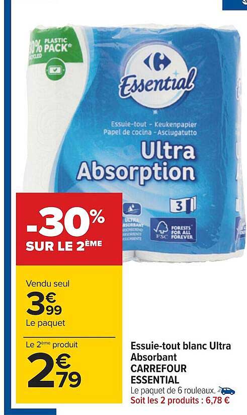 essuie-tout blanc ultra absorbant carrefour essential