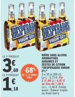 bière sans alcool aromatisée agrumes et zestes de citron "desperados virgin"