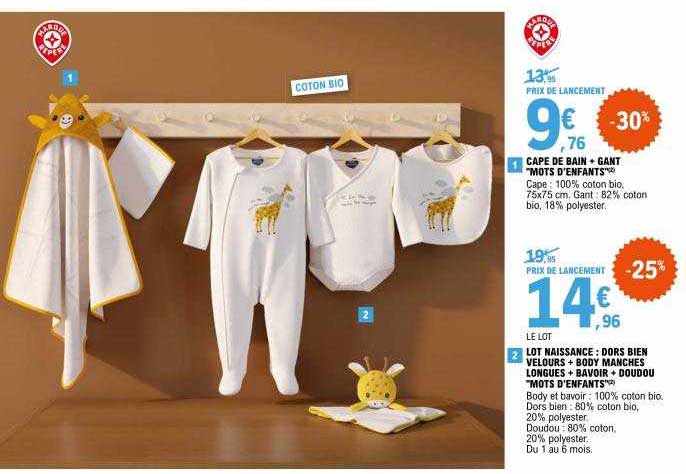 cape de bain + gant "mots d'enfants", lot naissance : dors bien velours + body manches longues + bavoir + doudou "mots d'enfants"