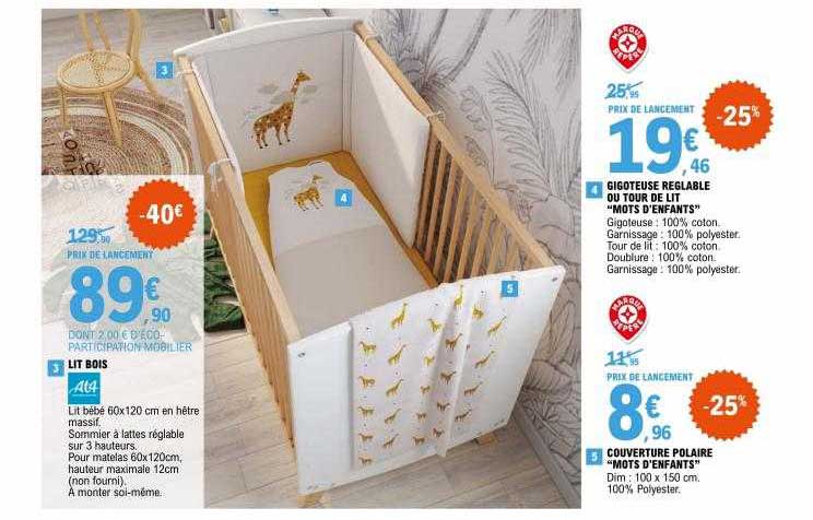 lit bois at4, gigoteuse réglable ou tour de lit "mots d'enfants", couverture polaire "mots d'enfants"