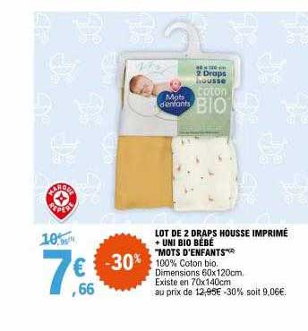 lot de 2 draps housse imprimé + uni bio bébé "mots d'enfants"