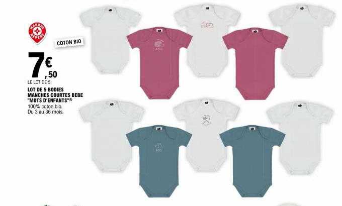 lot de 5 bodies manches courtes bébé "mots d'enfants"