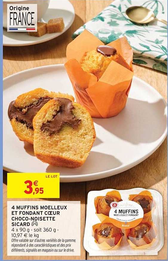 Sicard 4 Muffins Moelleux et Fondant Coeur Choco-Noisette
