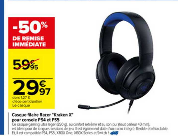 casque filaire razer "kraken x" pour console ps4 et ps5 -50% de remise immédiate