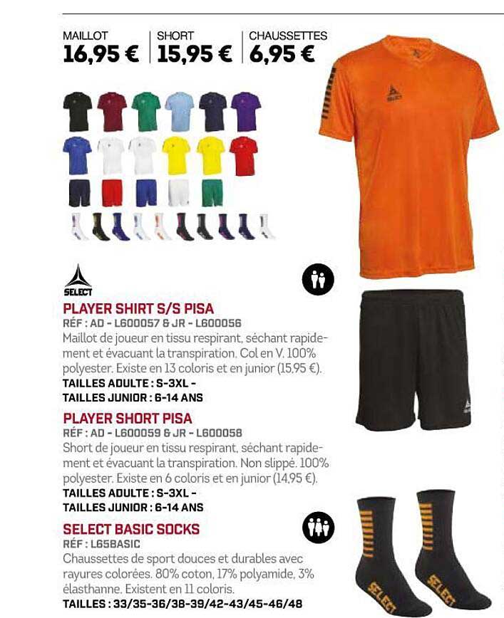 player shirt s-s pisa, player short pisa, select basic socks