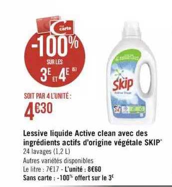 lessive liquide active clean avec des ingrédients actifs d'origine végétale skip
