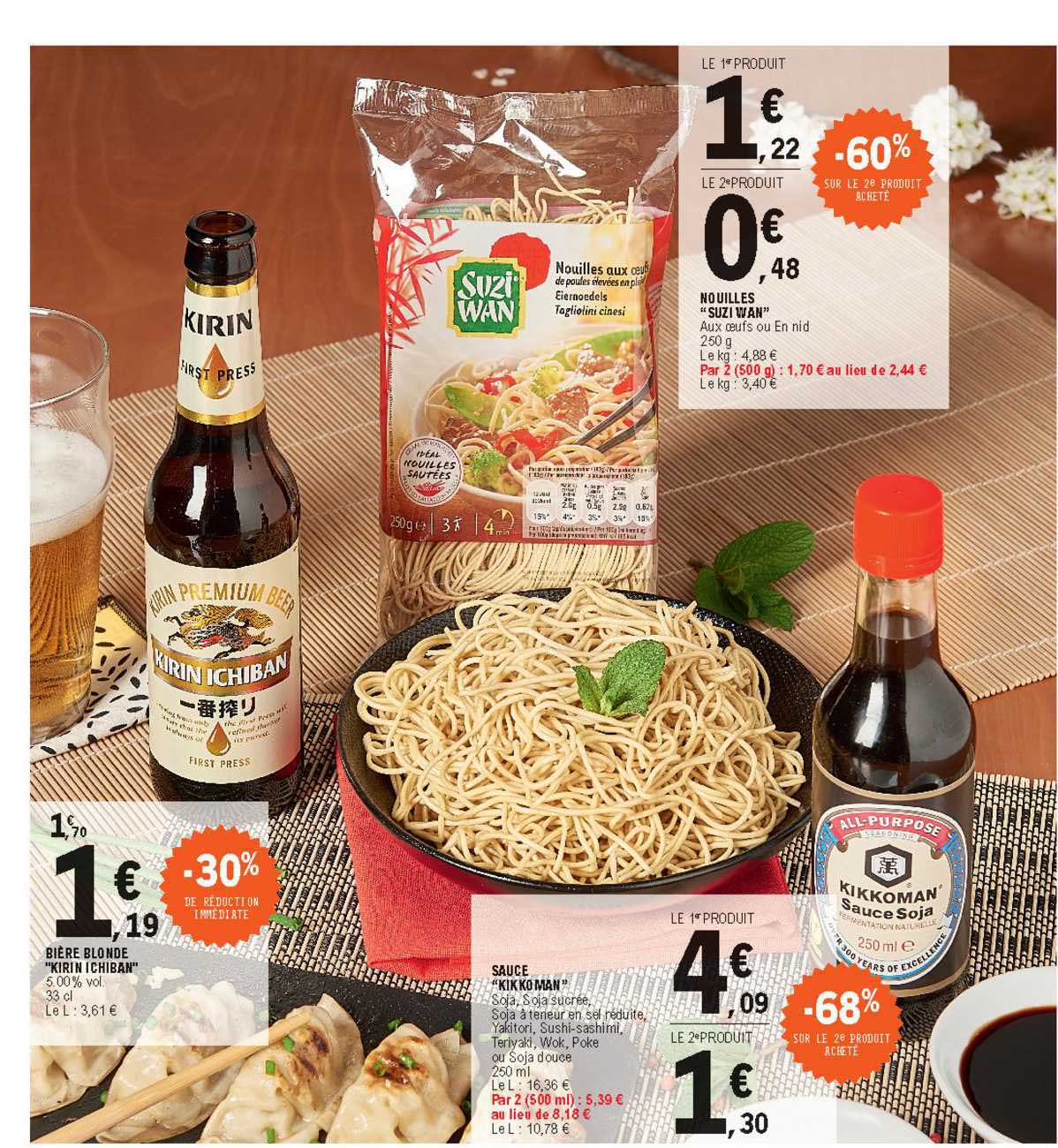 nouilles "suzi wan", bière blonde "kirin ichiban", sauce "kikkoman"
