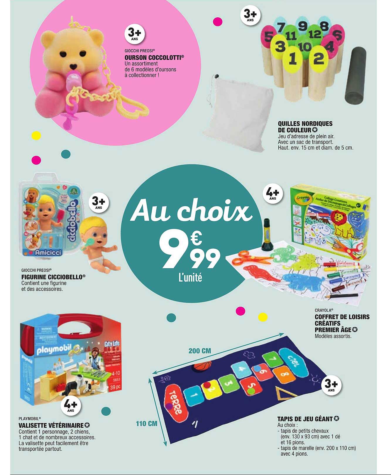 ourson coccolotti, figurine cicciobello, valisette vétérinaire, quilles nordiques de couleur, coffret de loisirs créatifs premier âge, tapis de jeu géant