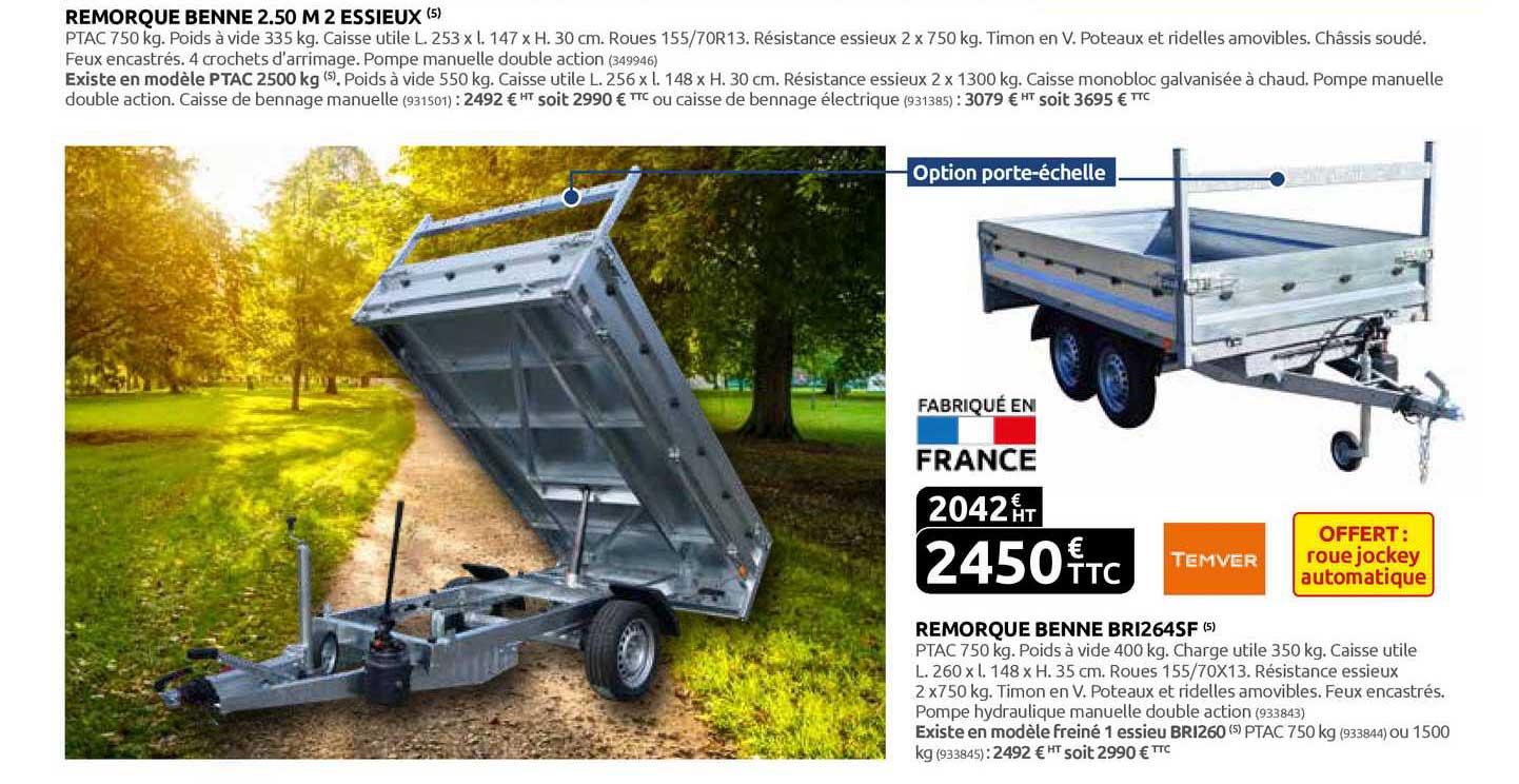 remorque benne 2.50 m 2 essieux remorque benne bri264sf