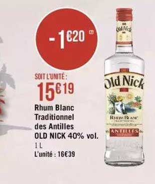rhum blanc traditionnel des antilles old nick 40% vol.
