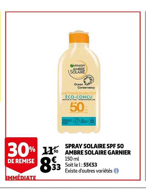 spray solaire spf 50 ambre solaire garnier 30% de remise immédiate