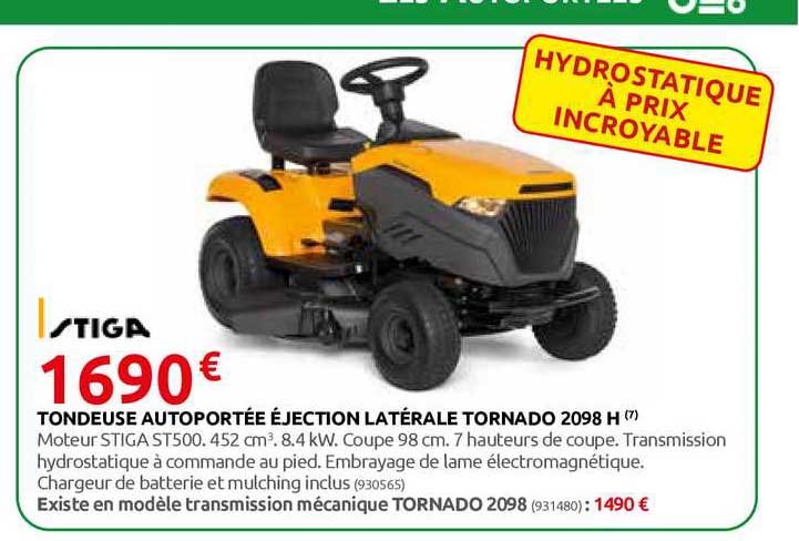 tondeuse autoportée éjection latérale tornado 2098 h stiga