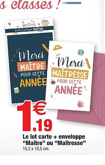 le lot carte + enveloppe "maître" ou "maîtresse"
