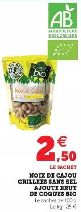 noix de cajou grillées sans sel ajouté brut de coques bio