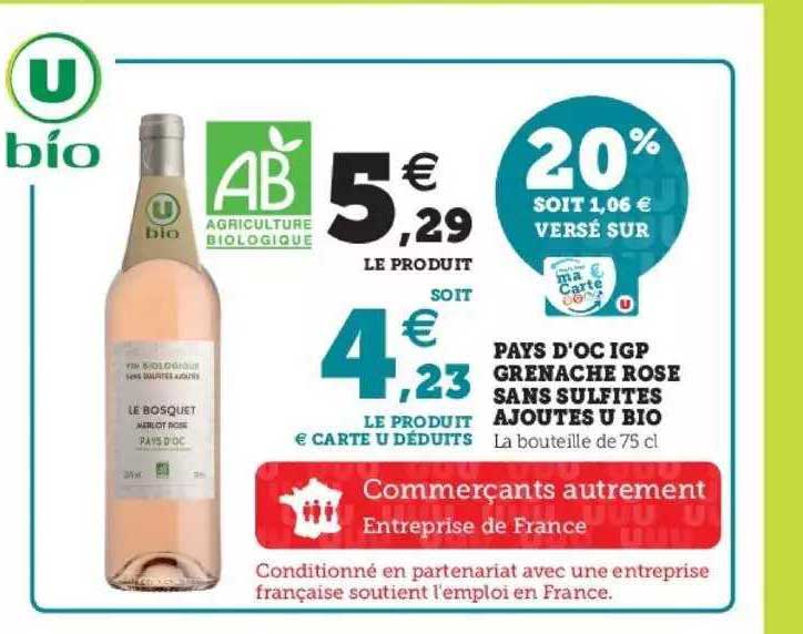pays d'oc igp grenache rosé sans sulfites ajoutés u bio