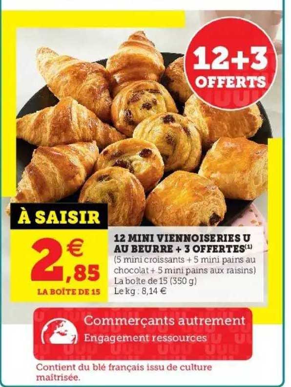 12 mini viennoiseries u au beurre + 3 offertes