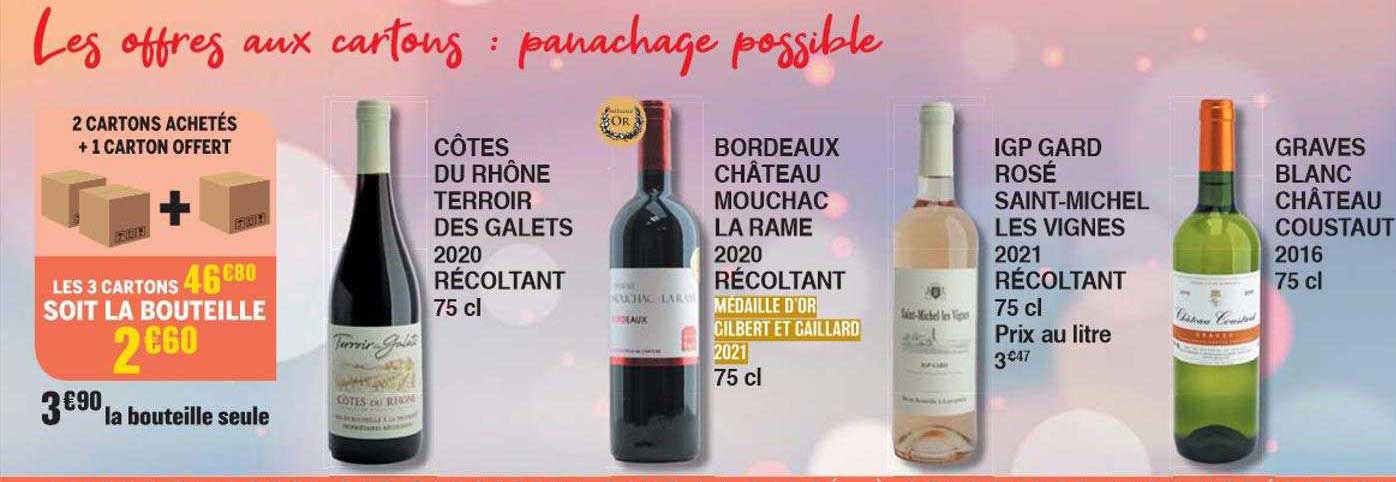 côtes du rhône terroir des galets 2020 récoltant 75 cl, bordeaux château mouchac la rame 2020 récoltant, igp gard rosé saint-michel les vignes 2021 récoltant 75 cl, graves blanc château coustaut 2016