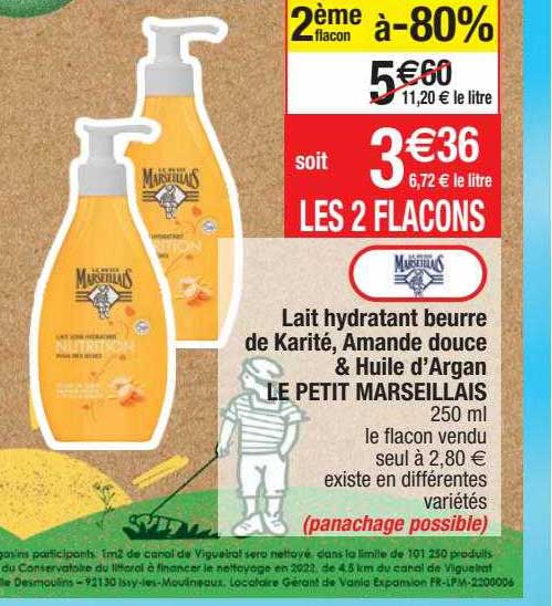 lait hydratant beurre de karité, amande douce & huile d'argan le petit marseillais