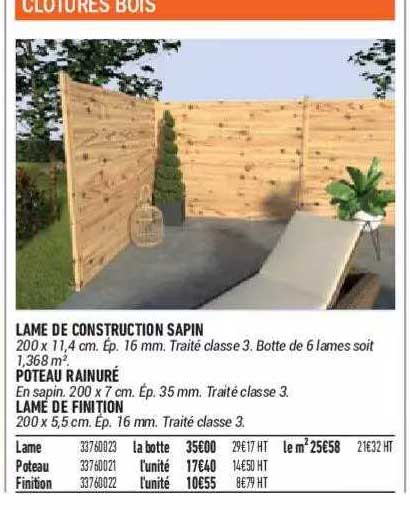 lame de construction sapin, poteau rainuré, lame de finition