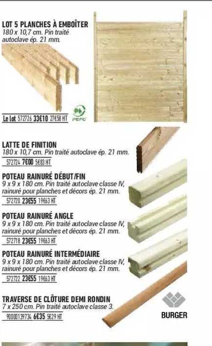 lot 5 planches à emboîter, latte de finition, poteau rainuré début-fin, poteau rainuré angle, poteau rainuré intermédiaire, traverse de clôture demi rondin