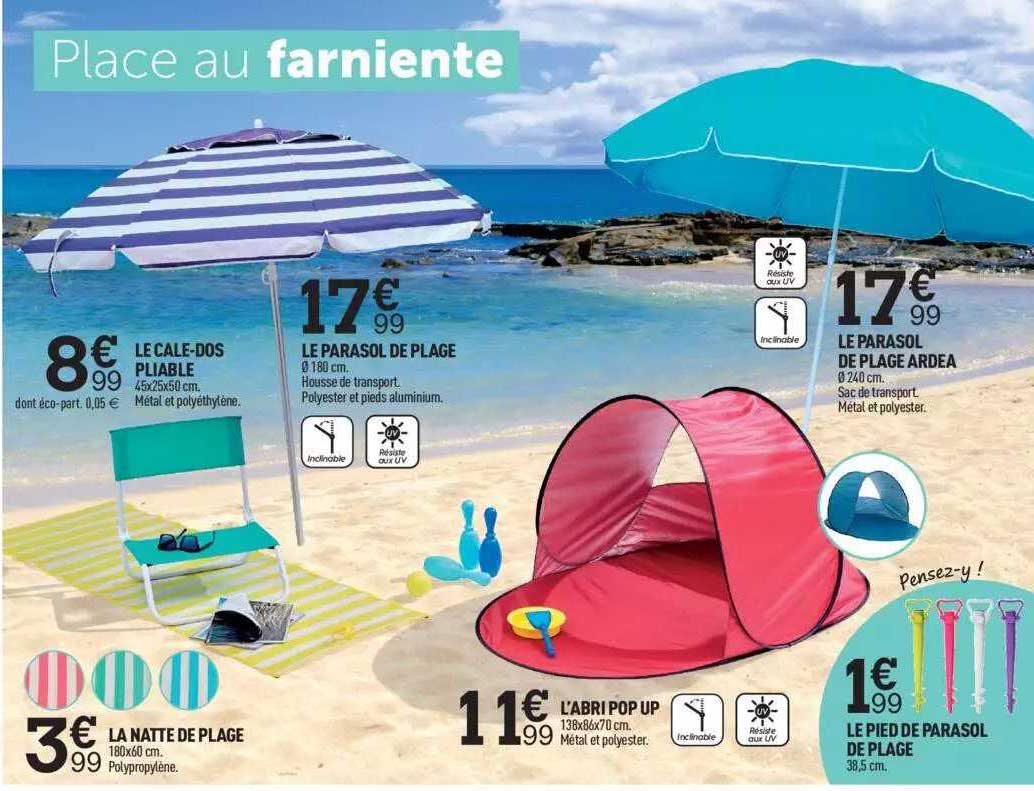le cale-dos pliable, le parasol de plage, le parasol de plage ardea, la natte de plage, l'abri pop up, le pied de parasol de plage
