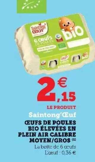 oeufs de poules bio élevées en plein air calibre moyen-gros saintong'oeuf