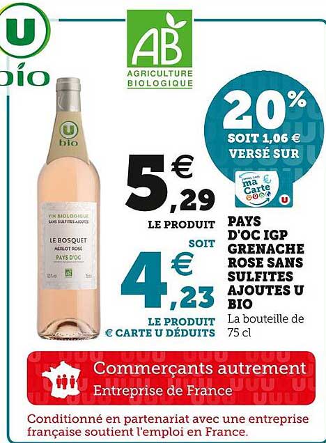 pays d'oc igp grenache rosé sans sulfites ajoutés u bio