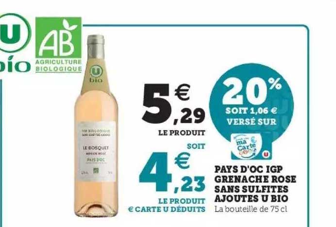 pays d'oc igp grenache rose sans sulfites ajoutés u bio