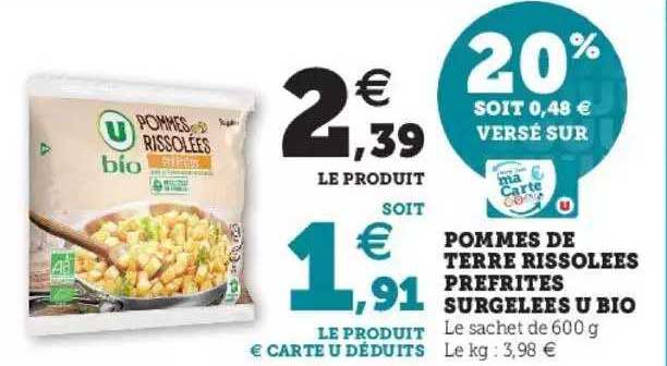 pommes de terres rissolées pré frites surgelées u bio