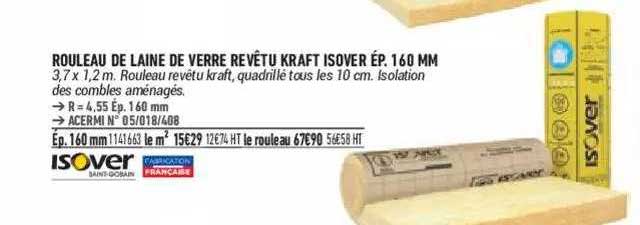 rouleau de laine de verre revêtu kraft isover ép. 160 mm