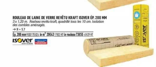 rouleau de laine de verre revêtu kraft isover ép. 200 mm