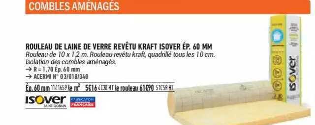rouleau de laine de verre revêtu kraft isover ép. 60 mm