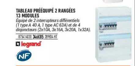 tableau prééquipé 2 rangées 13 modules legrand