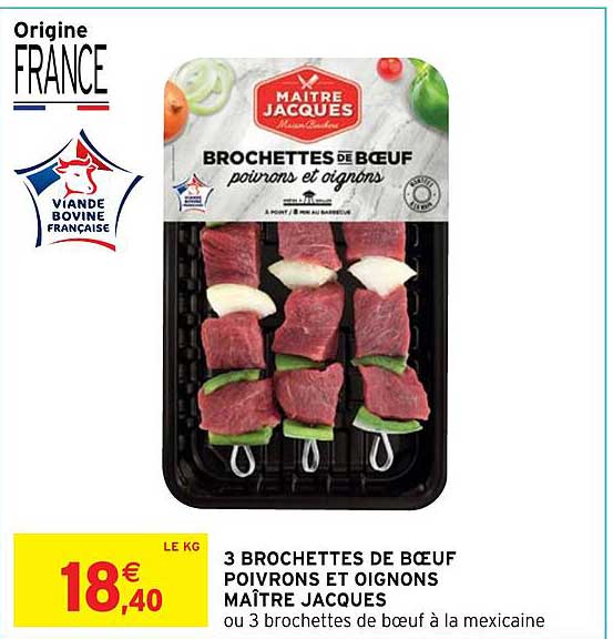 3 brochettes de bœuf poivrons et oignons maître jacques