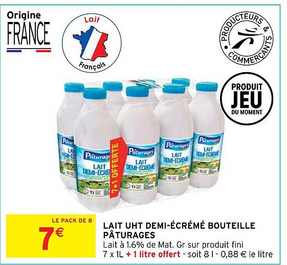 Lait Uht Demi-écrémé Bouteille Pâturages