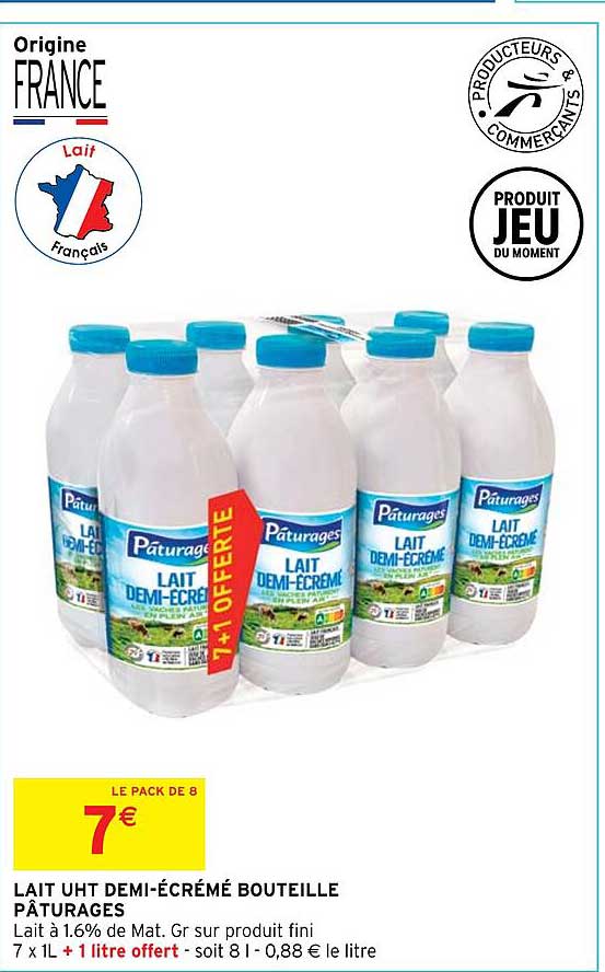 lait uht demi-écrémé bouteille pâturages