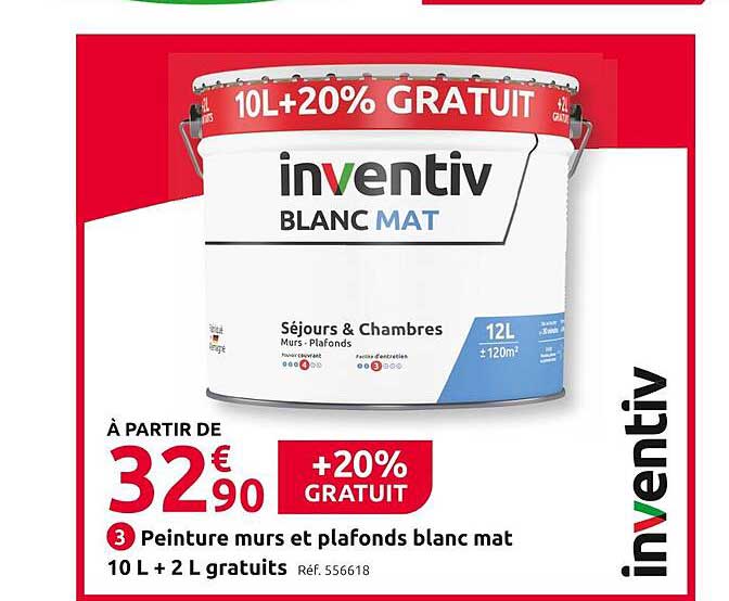 peinture murs et plafonds blanc mat 10l + 2l gratuits inventiv