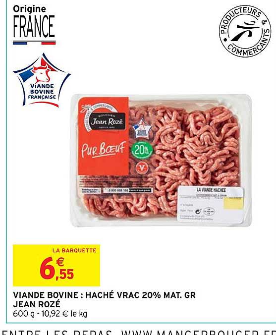 viande bovine : haché vrac 20% mat.gr. jean rozé