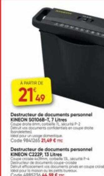 Destructeur De Documents Personnel Kineon S0106b-t, 7 Litres, Destructeur De Documents Personnel Kineon C22p, 13 Litres