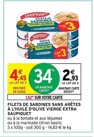 filets de sardines sans arêtes à l'huile d'olive vierge extra saupiquet