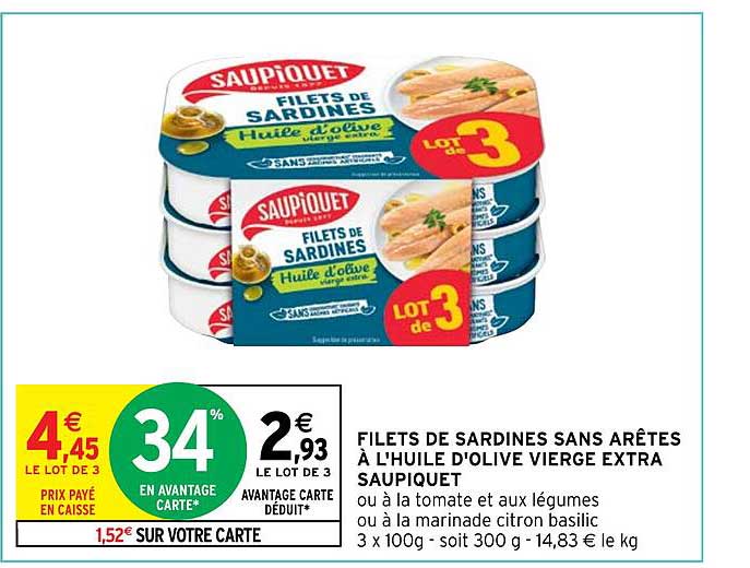 filets de sardines sans arêtes à l'huile d'olive vierge extra saupiquet