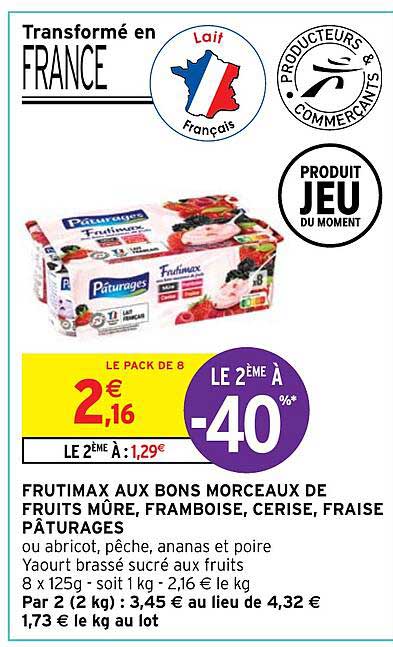 frutimax aux bons morceaux de fruits mûre, framboise, cerise, fraise pâturages