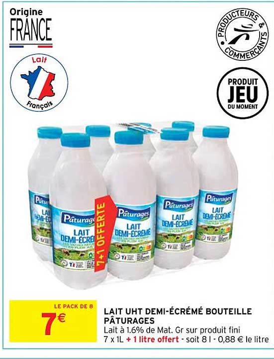 Lait Uht Demi-écrémé Bouteille Pâturages