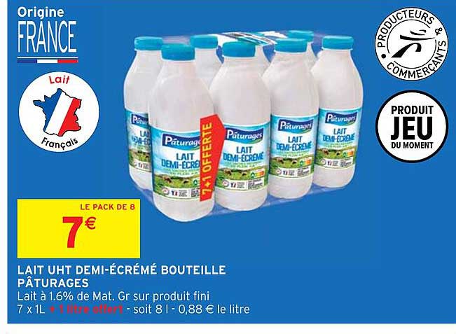 Lait Uht Demi-écrémé Bouteille Pâturages