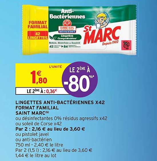 lingettes antibactériennes x 42 format familial saint marc